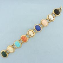 Multi Gem Hand Carved Cameo Bracelet In 18k Yellow Gold