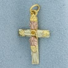 Nature Design Cross Charm Or Pendant In 12k Yellow, Rose, And White Gold