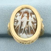Three Graces Carved Shell Cameo Ring In 18k Yellow Gold
