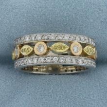 Wide Yellow And White Diamond Pave Band Ring In 18k White, Rose, And Yellow Gold