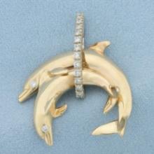 Large Diamond Dolphin Pendant In 14k Yellow Gold