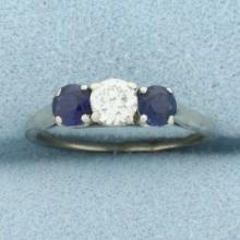Diamond And Sapphire 3-stone Ring In 14k White Gold