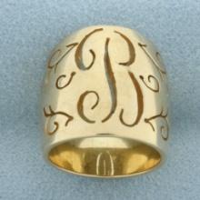 B Initial Monogram Cut Out Wide Cigar Band Ring In 14k Yellow Gold