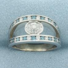 Blue And White Diamond Ring In 18k White Gold
