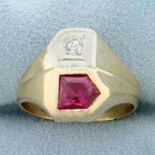 Antique Natural Ruby And Old European Cut Diamond Ring In 14k Yellow Gold