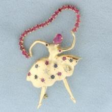 Ballerina Dancer Pin With Ruby, Sapphire, And Diamonds In 14k Yellow Gold