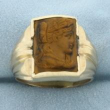 Mens Vintage Carved Tiger's Eye Cameo Ring In 14k Yellow Gold