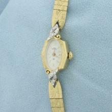 Vintage Ladies Hamilton Diamond Watch In Solid 14k Yellow Gold Case