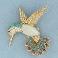 Hummingbird Broach Pin With Diamond, Ruby, Turquoise, And Pearl In 18k Yellow Gold