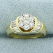 Round And Baguette Diamond Flower Ring In 18k Yellow Gold