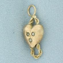 Antique Seed Pearl 3d Heart Charm In 14k Yellow Gold