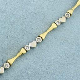 Diamond Heart Link Two Tone Bracelet In 14k Yellow And White Gold