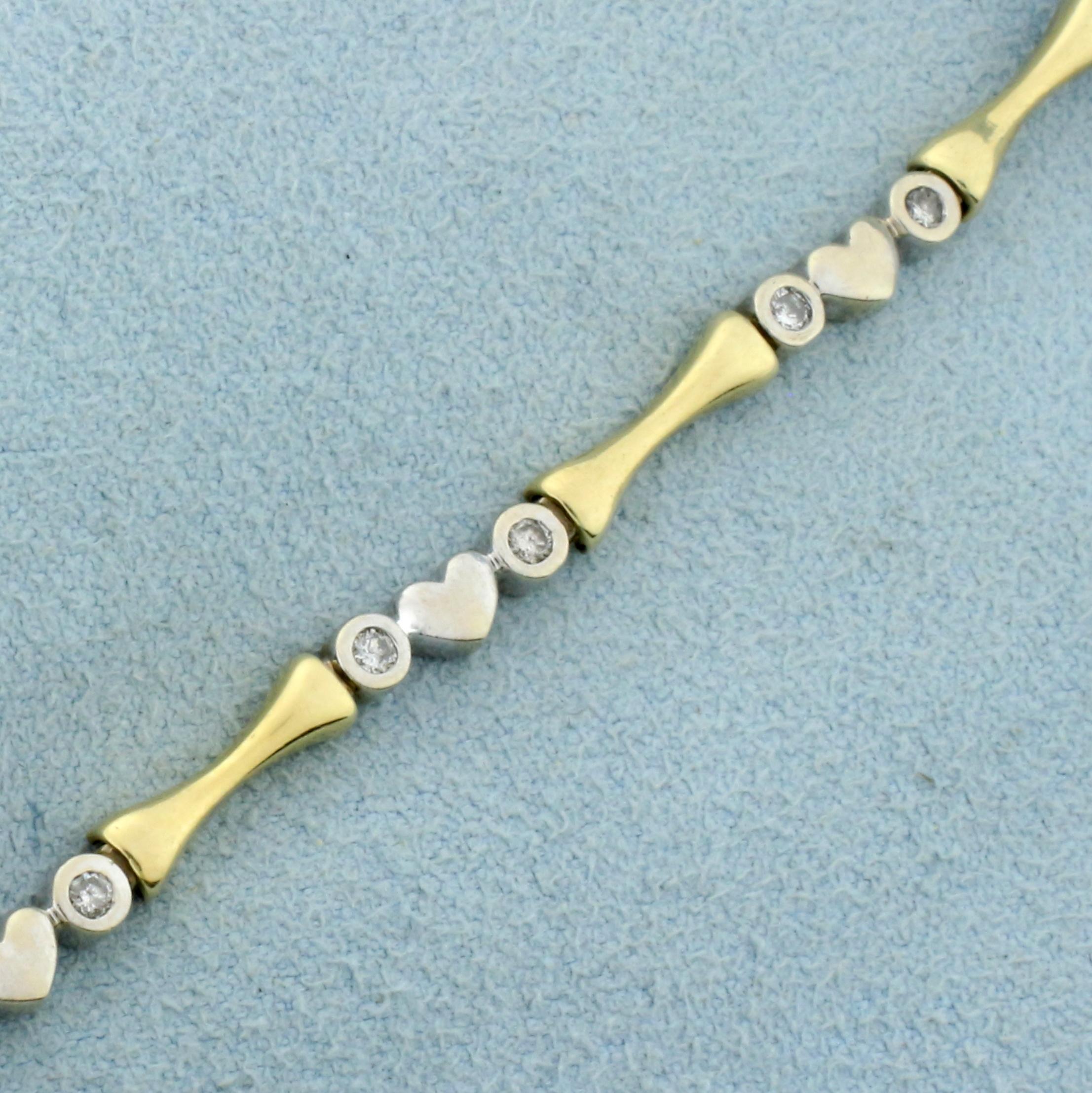 Diamond Heart Link Two Tone Bracelet In 14k Yellow And White Gold