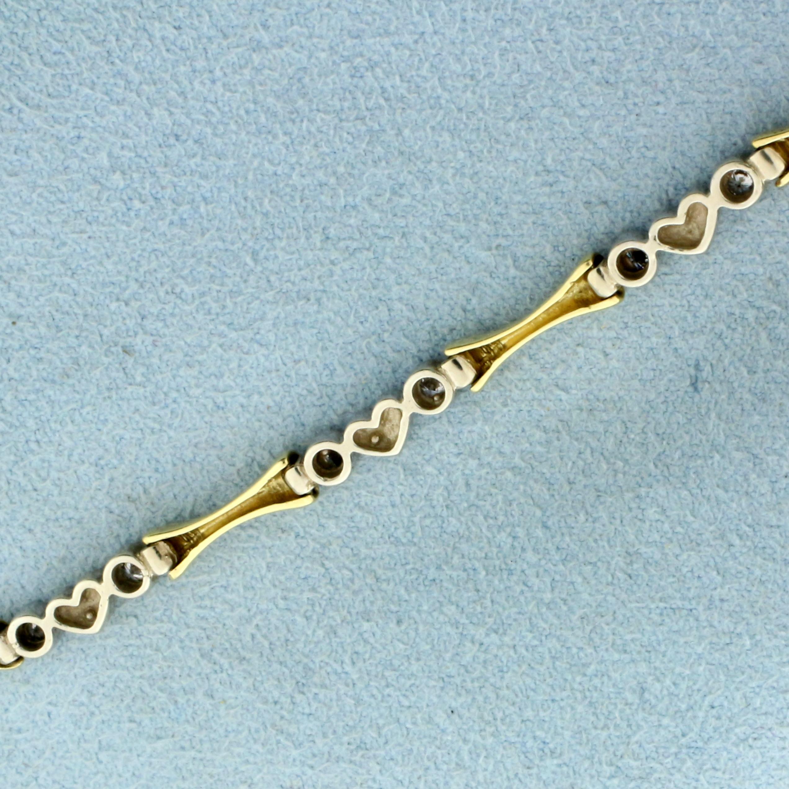 Diamond Heart Link Two Tone Bracelet In 14k Yellow And White Gold