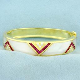 Ruby, Mother Of Pearl And Diamond Bangle Bracelet In 18k Yellow Gold