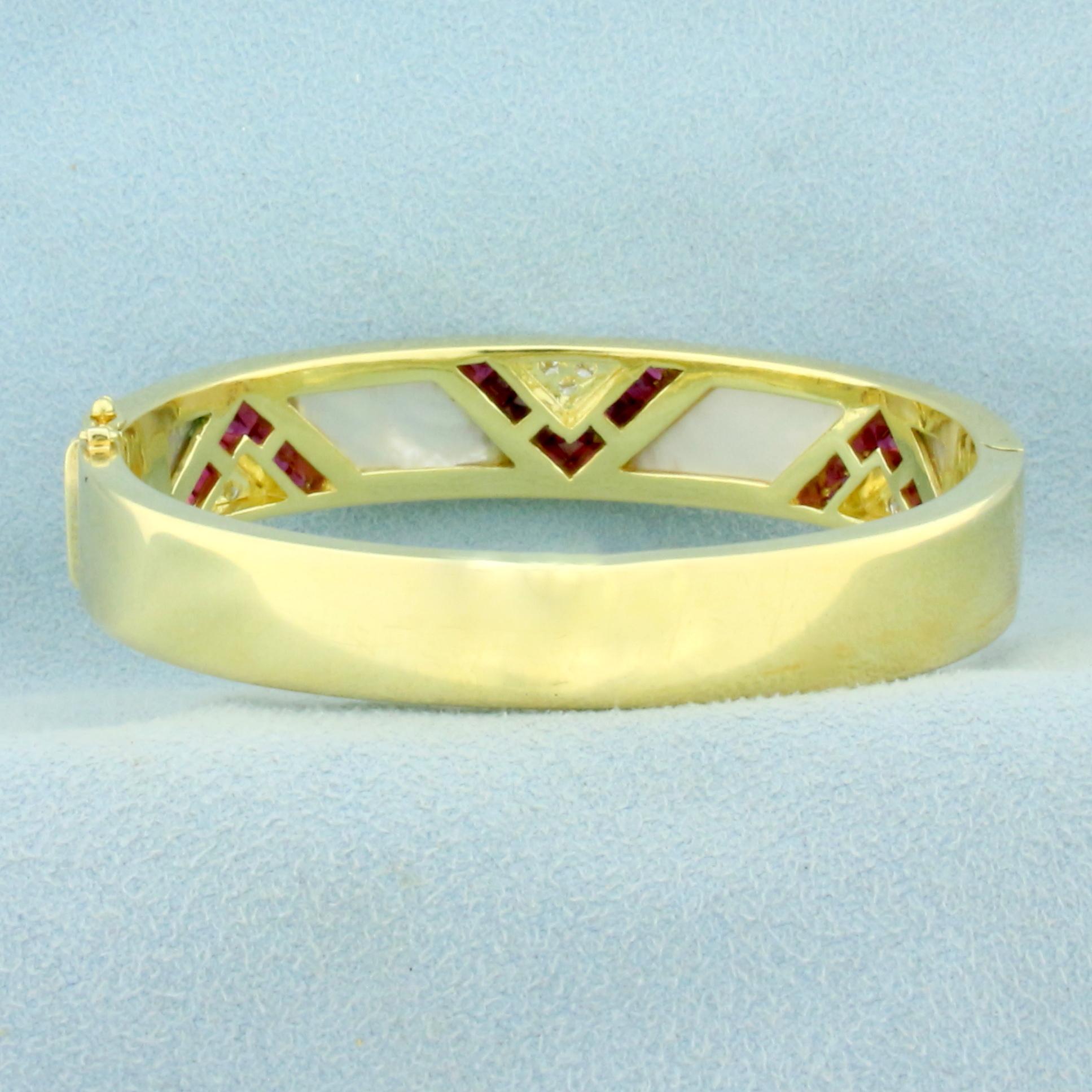 Ruby, Mother Of Pearl And Diamond Bangle Bracelet In 18k Yellow Gold