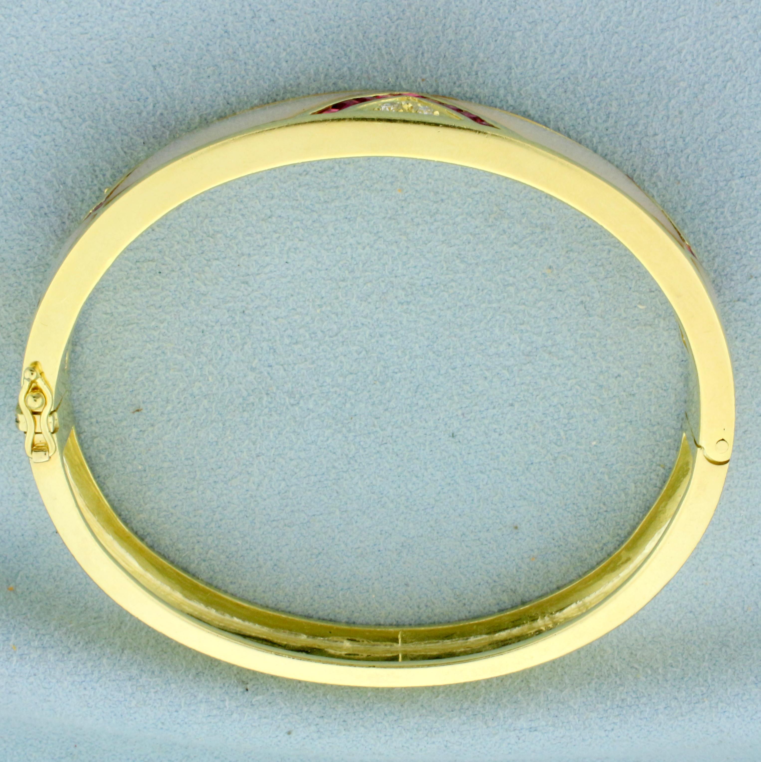 Ruby, Mother Of Pearl And Diamond Bangle Bracelet In 18k Yellow Gold