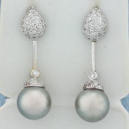 Tahitian Pearl And Pave Diamond Dangle Earrings In 18k White Gold