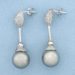 Tahitian Pearl And Pave Diamond Dangle Earrings In 18k White Gold