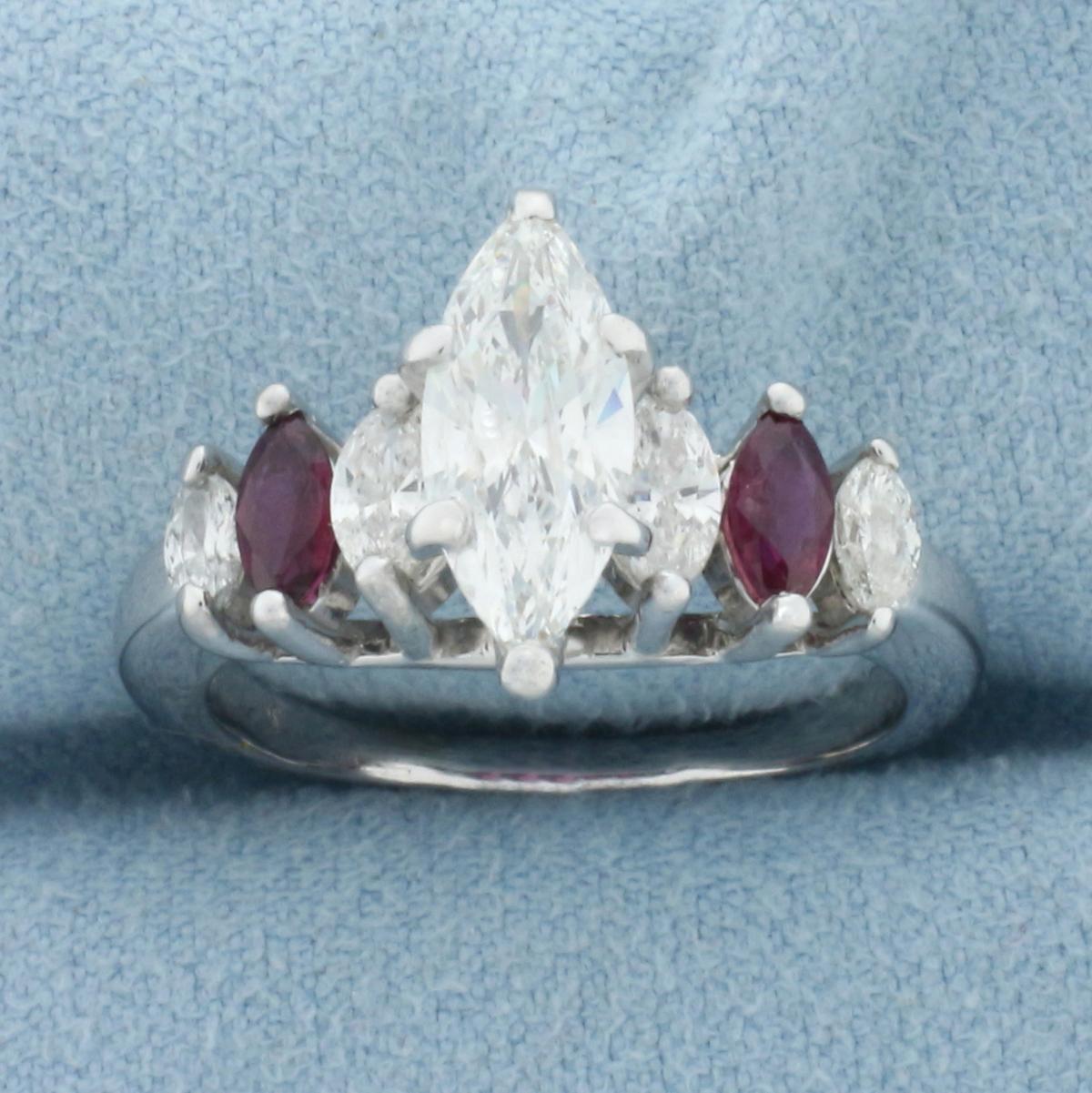 Marquise Diamond And Ruby Engagement Ring In 14k White Gold