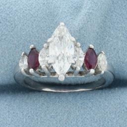 Marquise Diamond And Ruby Engagement Ring In 14k White Gold