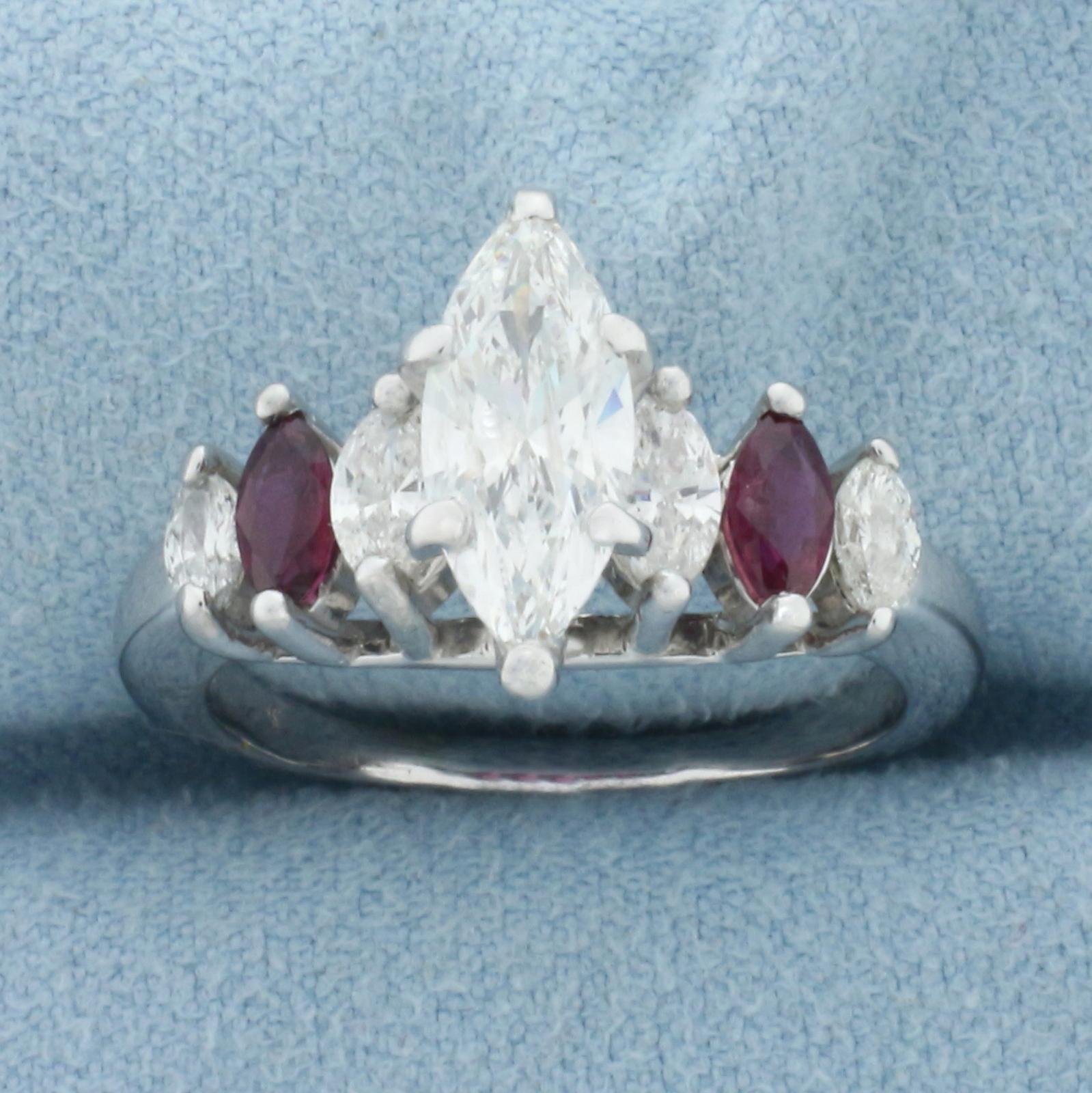 Marquise Diamond And Ruby Engagement Ring In 14k White Gold