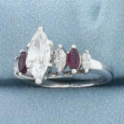 Marquise Diamond And Ruby Engagement Ring In 14k White Gold