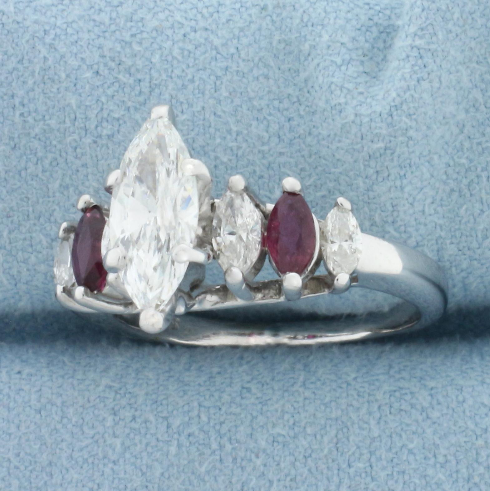 Marquise Diamond And Ruby Engagement Ring In 14k White Gold