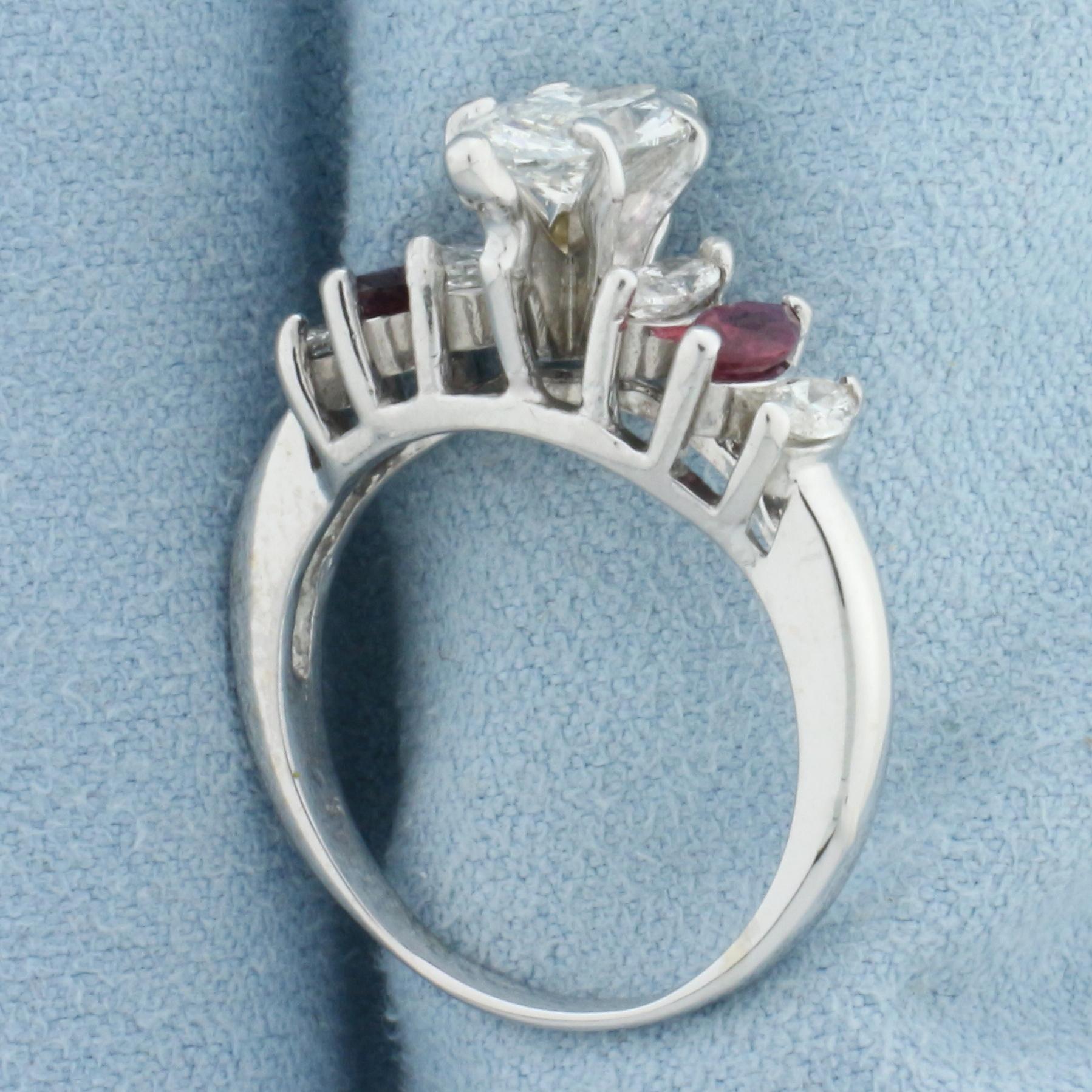 Marquise Diamond And Ruby Engagement Ring In 14k White Gold