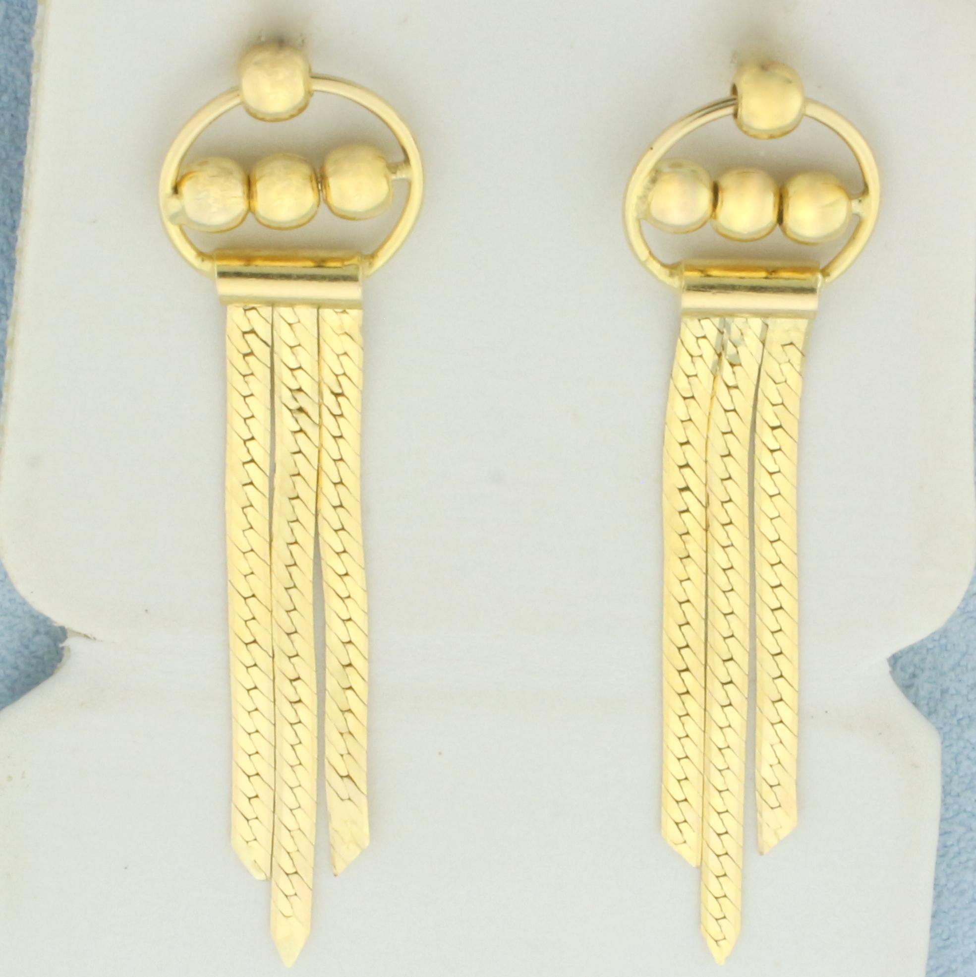 Reversable Herringbone Ball Bead Dangle Earrings In 14k Yellow Gold