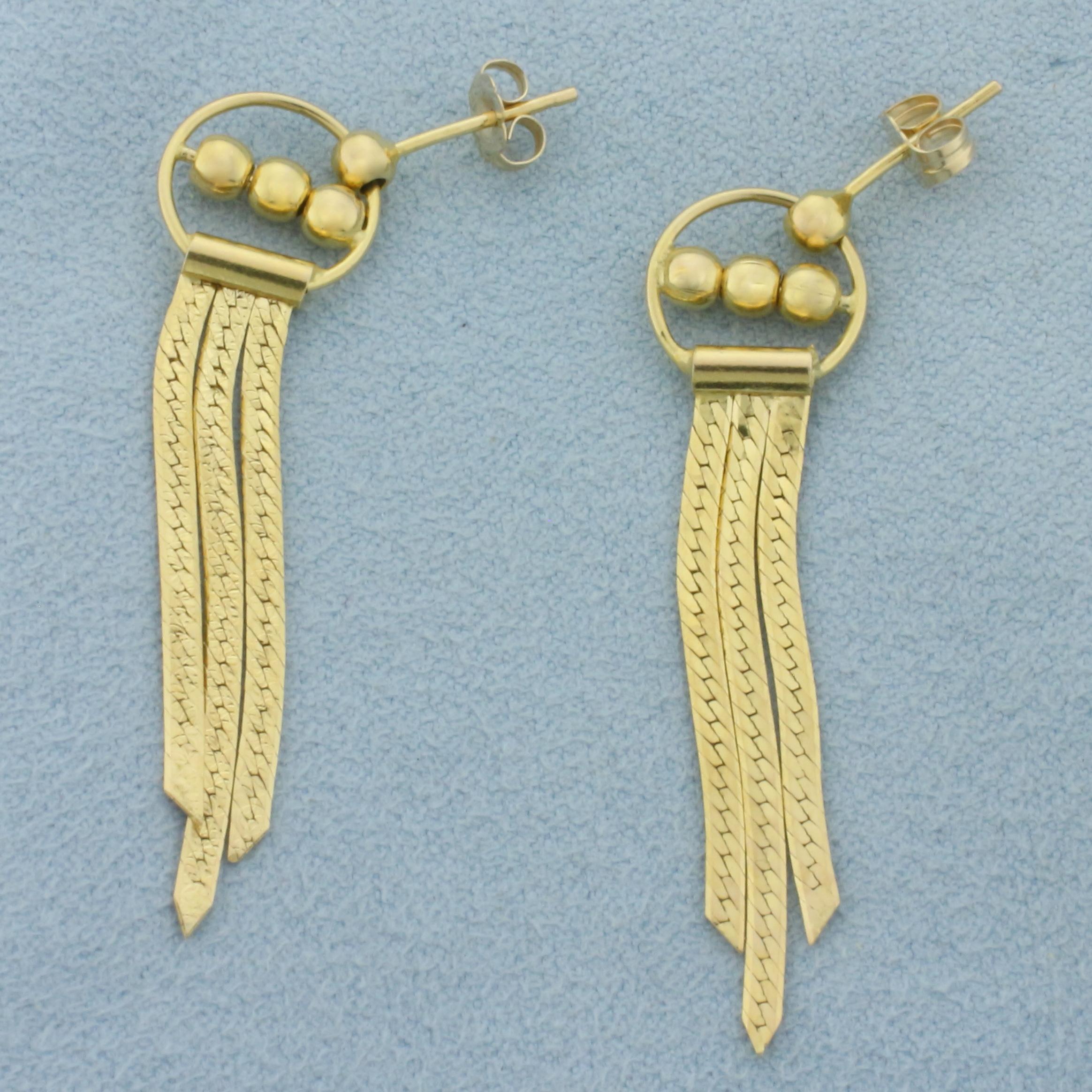 Reversable Herringbone Ball Bead Dangle Earrings In 14k Yellow Gold