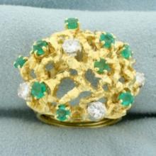Designer Nugget Emerald And Diamond Statement Ring In 18k Yellow Gold