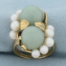 Designer Ming's Hawaii Jade And Pearl Leaf Design Ring In 14k Yellow Gold