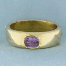 Vintage Amethyst Wide Hinged Bangle Bracelet In 14k Yellow Gold