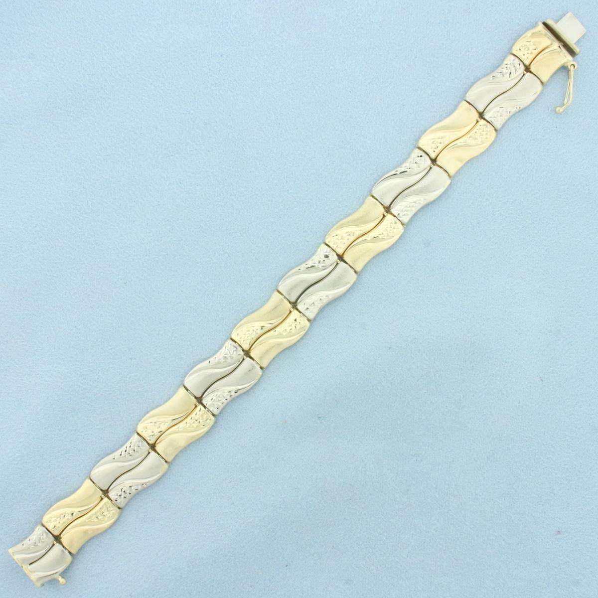 Diamond Cut Wave Design Bar Bracelet In 14k Yellow And White Gold