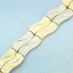 Diamond Cut Wave Design Bar Bracelet In 14k Yellow And White Gold