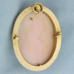 Large Vintage Carved Shell Cameo Pendant In 10k Yellow Gold