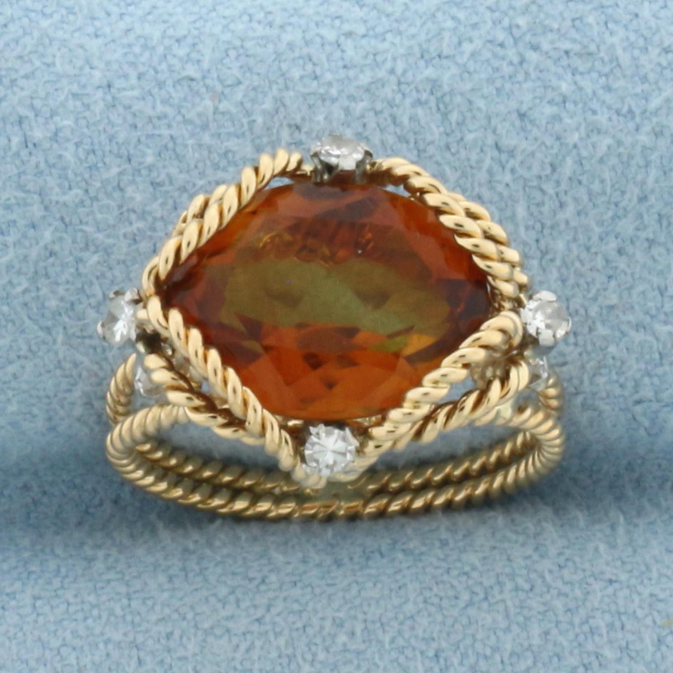 Citrine And Diamond Rope Design Ring In 18k Yellow Gold