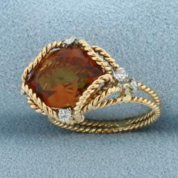 Citrine And Diamond Rope Design Ring In 18k Yellow Gold