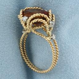Citrine And Diamond Rope Design Ring In 18k Yellow Gold