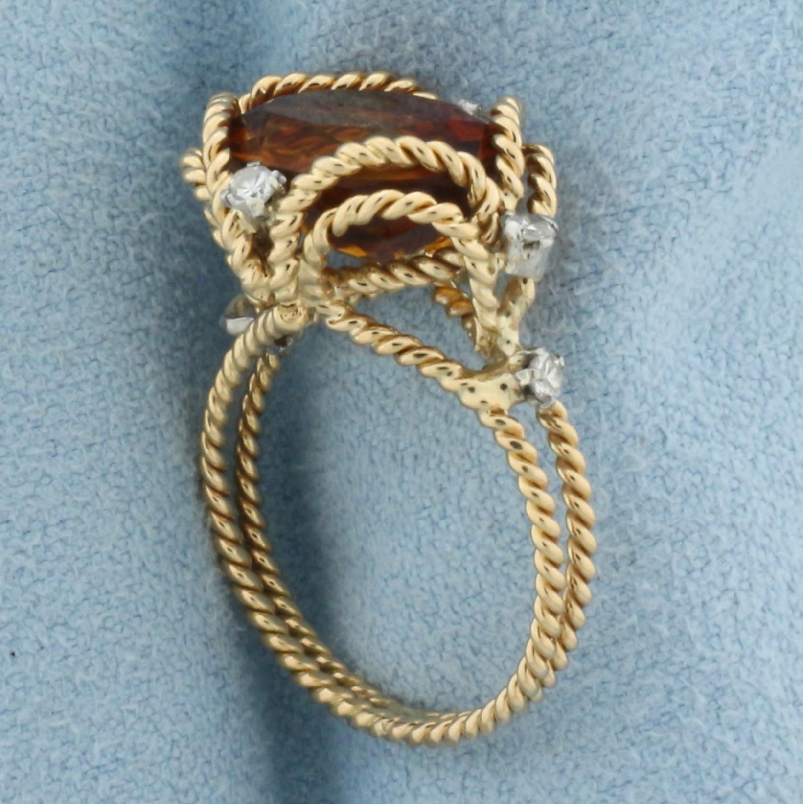 Citrine And Diamond Rope Design Ring In 18k Yellow Gold
