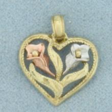 Tri-color Gold Flower Heart Pendant In 10k Yellow, Rose, And White Gold