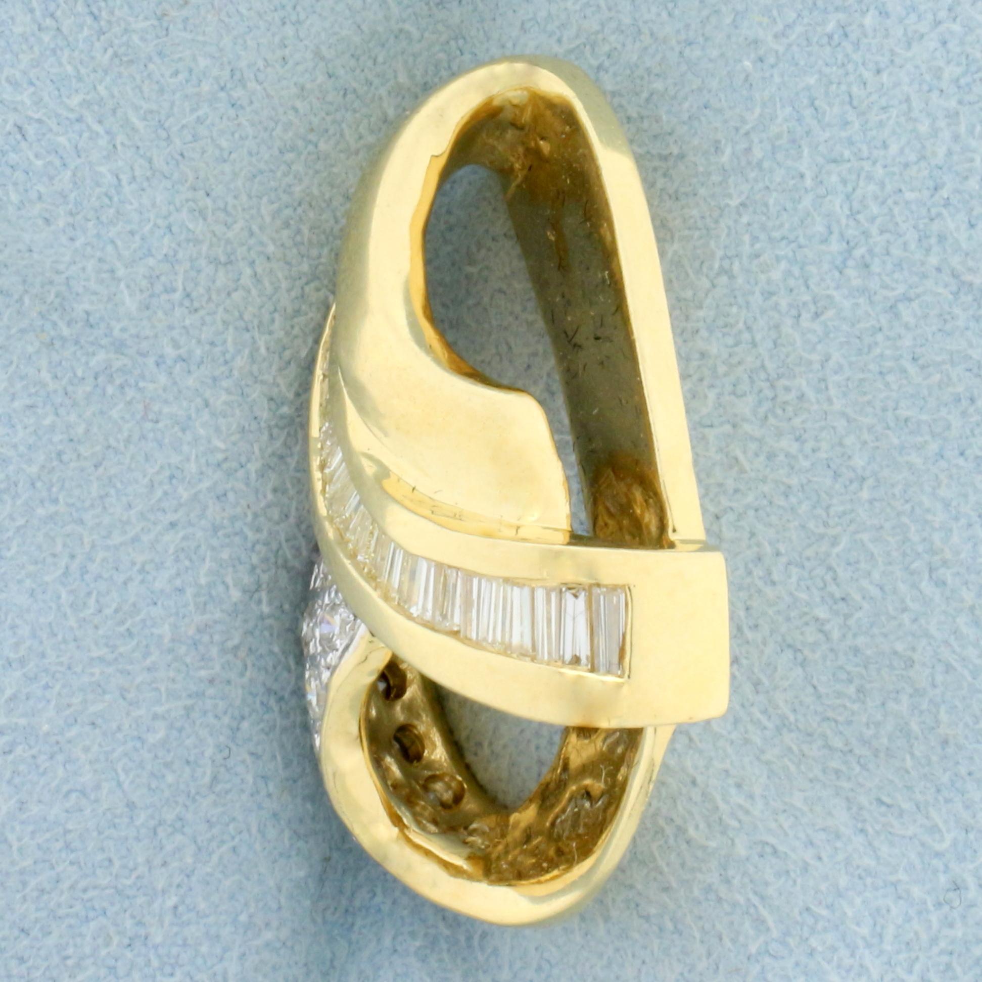Designer Round And Baguette Diamond Pendant Or Slide In 14k Yellow Gold