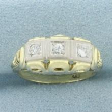 Vintage Filigree Three Stone Diamond Ring In 14k Yellow Gold