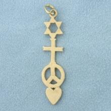 Star Of David Cross Peace Sign Heart Pendant In 14k Yellow Gold