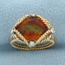 Citrine And Diamond Rope Design Ring In 18k Yellow Gold