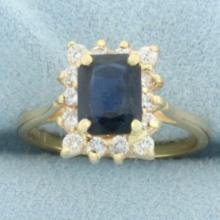 Sapphire And Diamond Halo Ring In 14k Yellow Gold
