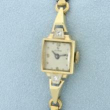 Antique Helbros Diamond Ladies Watch In 14k Yellow Gold Case