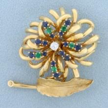 Vintage Designer Dan Frere Emerald, Sapphire, And Diamond Feather And Flower Design Pin Brooch In 14