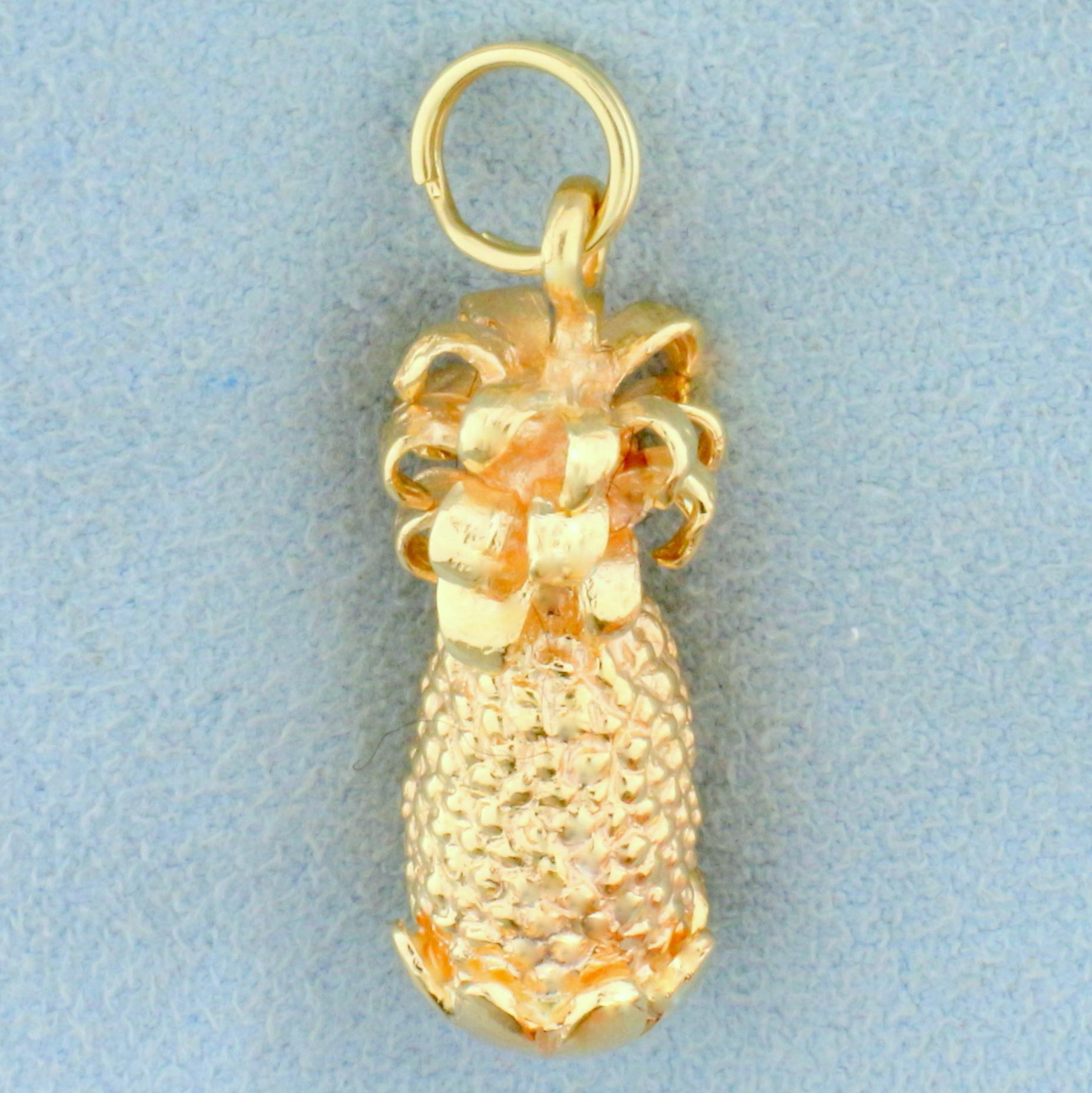 Pineapple Pendant Or Charm In Solid 14k Yellow Gold